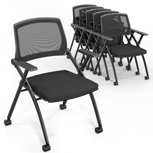 VINGLI 8 Pack Stackable Conference Room Chairs with Wheels, Folding Office Chair with Rebound Back, Padded Seat for Training Room, Guest, Reception, Event, Capacity 350lbs, Black