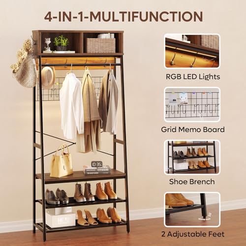 Bestier 5-in-1 Entryway Coat Rack, Hall Tree with LED Lights, Coat Rack with Bench and Shoe Storage, Large Size Coat Rack Freestanding with Sturdy Metal Frame (Walnut)