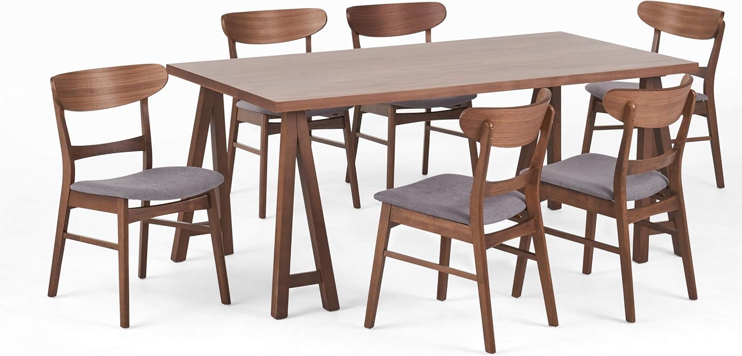 Christopher Knight Home Akeelah Mid-Century Modern 7 Piece Dining Set, Walnut + Dark Gray