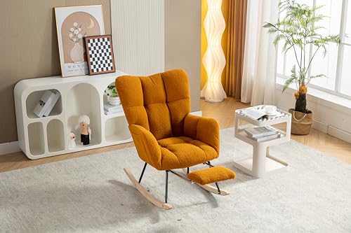 INMOZATA Nursery Rocking Chair, High Backrest Teddy Nursery Rocker with Footrest, Modern Accent Recliner for Living Room, Bedroom, Rocker Reading Arm Chair with Right Side Pocket Ivory