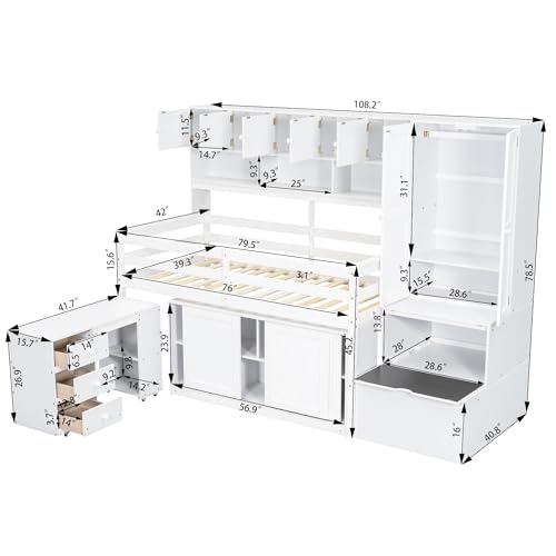 Multifunctional Loft Bed with Cabinets and Wardrobe Wood Loft Bed with Pull Out Desk and Stairs, Full Size