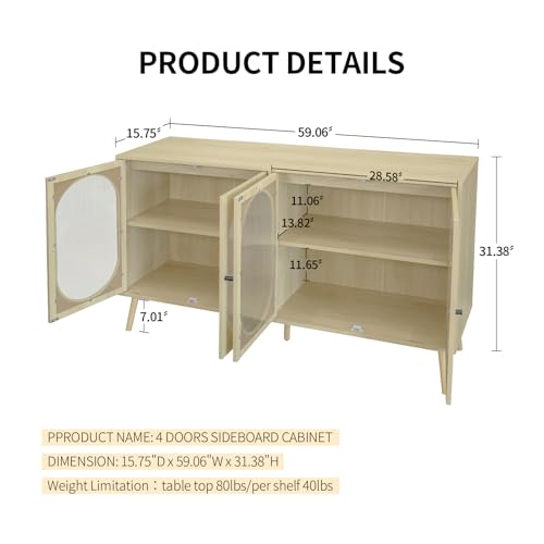 Sideboard, Modern Sideboard, Decorative Storage Cabinet with Hazy PC Panel Doors, Freestanding Cabinet, Cupboard, Console, for Kitchen, Living Room and Hallway (Black)