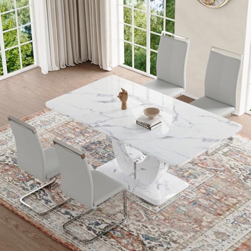 Dining Table Set for 4,White Faux Marble Dining Room Table Set for 4，63