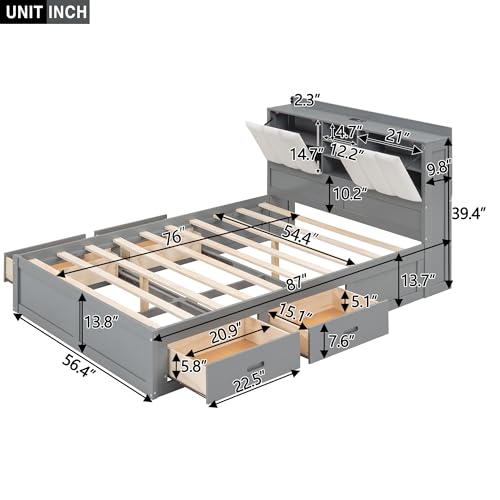 Full Size Bed Frame with 4 Storage Drawers, Wood Full Size Platform Bed with Storage Headboard, Full Storage Bed with Support Legs for Girls Boys, No Box Spring Needed (Gray-009)