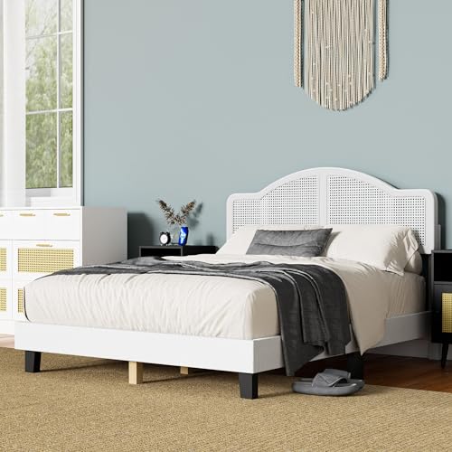 Cozy Castle Rattan Queen Size Bed Frame with Adjustable Headboard and Sturdy Slats Support, Boho Queen Platform Bed Frame, No Box Spring Needed, Black