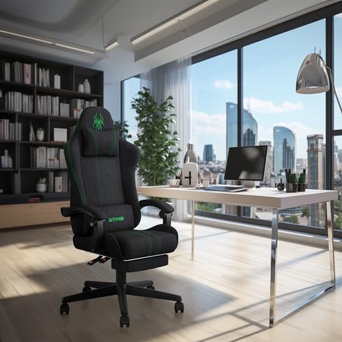 Gaming Chair Computer Chair Breathable Fabric Office Chair Cloth with Backrest Desk Chair with Footrest, Lumbar Support Swivel Recliner Task Chair Video Game Chair Height Adjustable Black