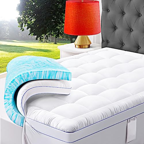 3 Inch Dual Layer Memory Foam Mattress Topper Queen, 2 Inch Memory Foam Plus 1 Inch Down Alternative Pillowtop Mattress Pad, with Bedside Pocket, Support for Back Pain (Queen, White)