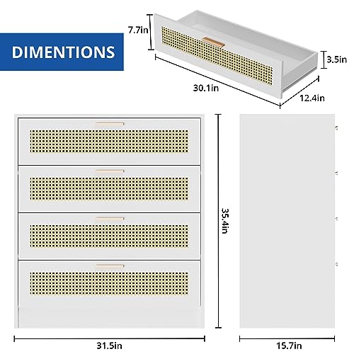 Cozy Castle Boho 4 Drawer Dresser, Wooden Chest of Drawers with Metal Handles, Modern Rattan Dresser for Bedroom, White