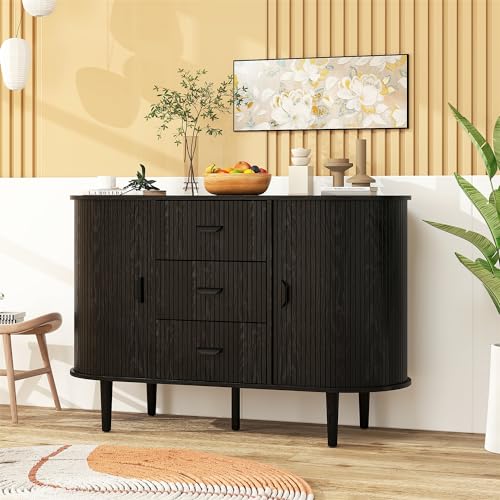 ZeHuoGe Sideboard Buffet Storage Cabinet, Accent Cabinet with Smoothly Sliding Tambour Doors, Modern Kitchen Buffet Cabinet with 3 Drawer and 2 Doors for Living Room Dining Room (Black)