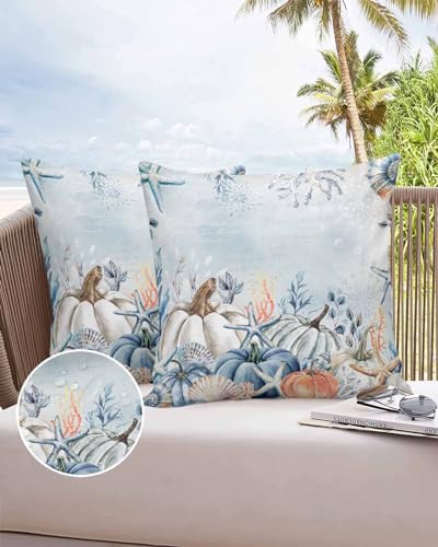 Outdoor Pillow Covers Waterproof, Fall Pumpkins Coastal Throw Pillowcase Decorative Cover, Autumn Thanksgiving Wooden Garden Cushion Case Set of 2 for Sofa, Couch, Tent, Patio, 18
