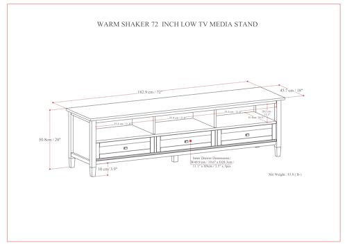 SIMPLIHOME Warm Shaker SOLID WOOD Wide Transitional Media Stand for TVs up to 43 inches for The Living Room and Entertainment Center, 42 inch, Light Golden Brown