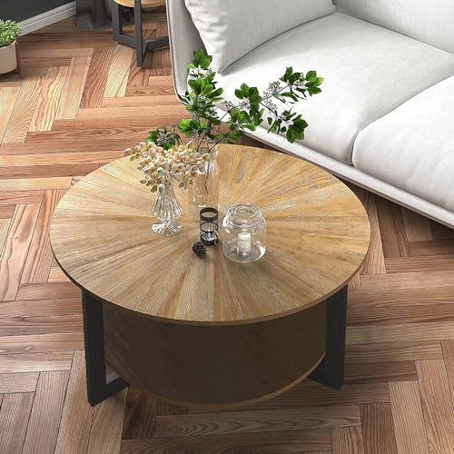 Round Coffee Tables for Living Room, 2 Tier Solid Wood Coffee Table with Storage, Modern Circle Coffee Table with Black Metal Legs, 33.5 x 17.8 inch, Natural Wood Color, KFZ-1338-OA