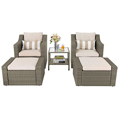 Crownland 5 Pieces Wicker Patio Conversation Set All Weather Outdoor Wicker Lounge Chair and Ottoman Conversation Set with Coffee Table & Cushions (Brown)