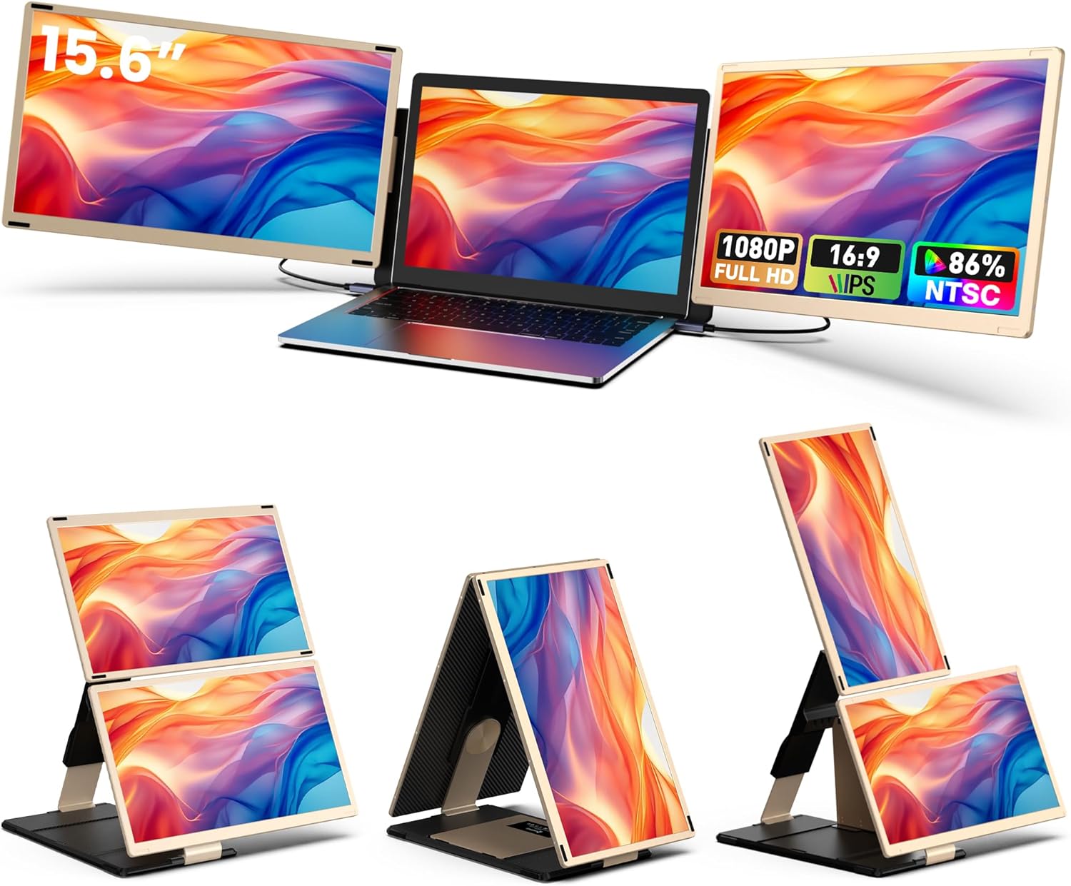 15.6’’ Laptop Screen Extender, Portable Triple Monitor for Laptop with 86% NTSC IPS FHD 1080P Display, Detachable Monitor Extender Compatible with Wins/Mac/Dex/Chrome, Working with Desktop/Mini PC
