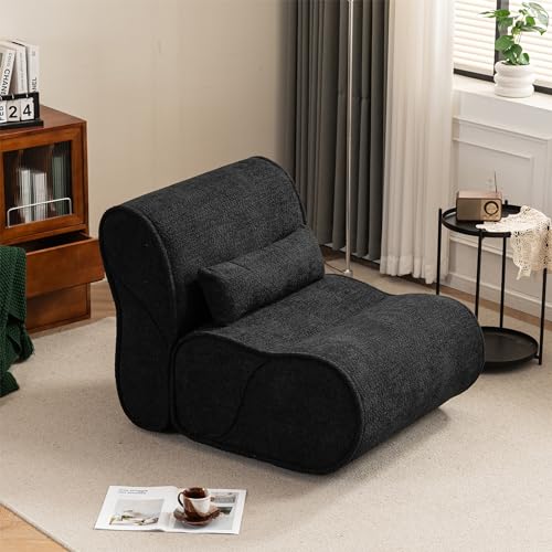 Lazy Floor Single Sofa Chair Armless Accent Soft Pellet Velvet Single Recliner Comfortable Large Lounge Chair with Waist Pack Padding with Pillow Modern Living Room Bedroom (Matte Black)