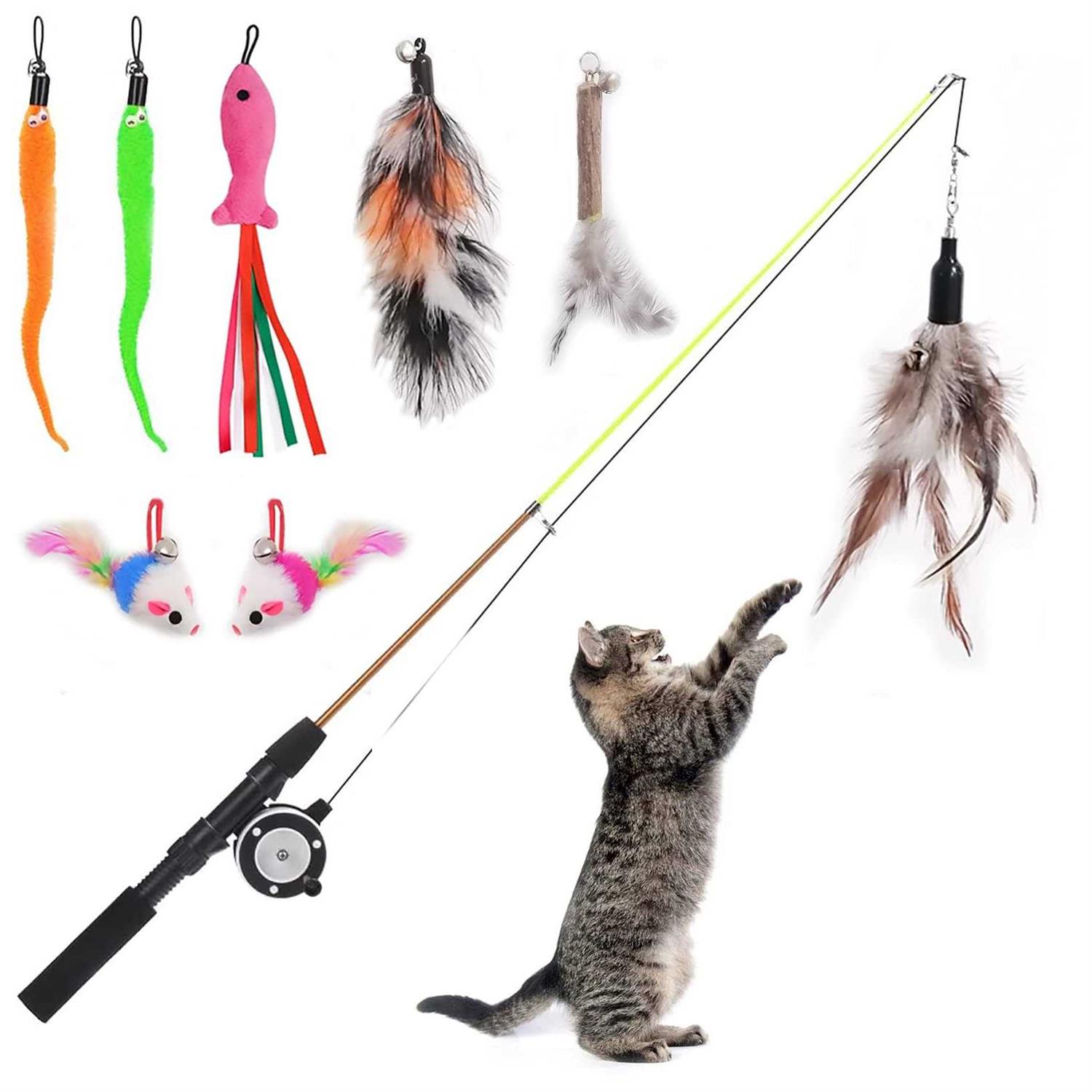 Whefory Retractable Cat Teaser Wand Toy Cat Toys for Indoor Outdoor Cats Interactive Fishing Rod with 8 Pcs Refills Feather Toy - Pet Supplies online store