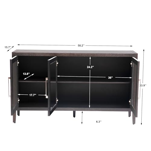 Amposei Modern Sideboard Cabinet 58.2-Inch Credenza Glass Door Console Storage Cabinet Dining Buffet with Adjustable Shelf for Living Room Entryway (Black)