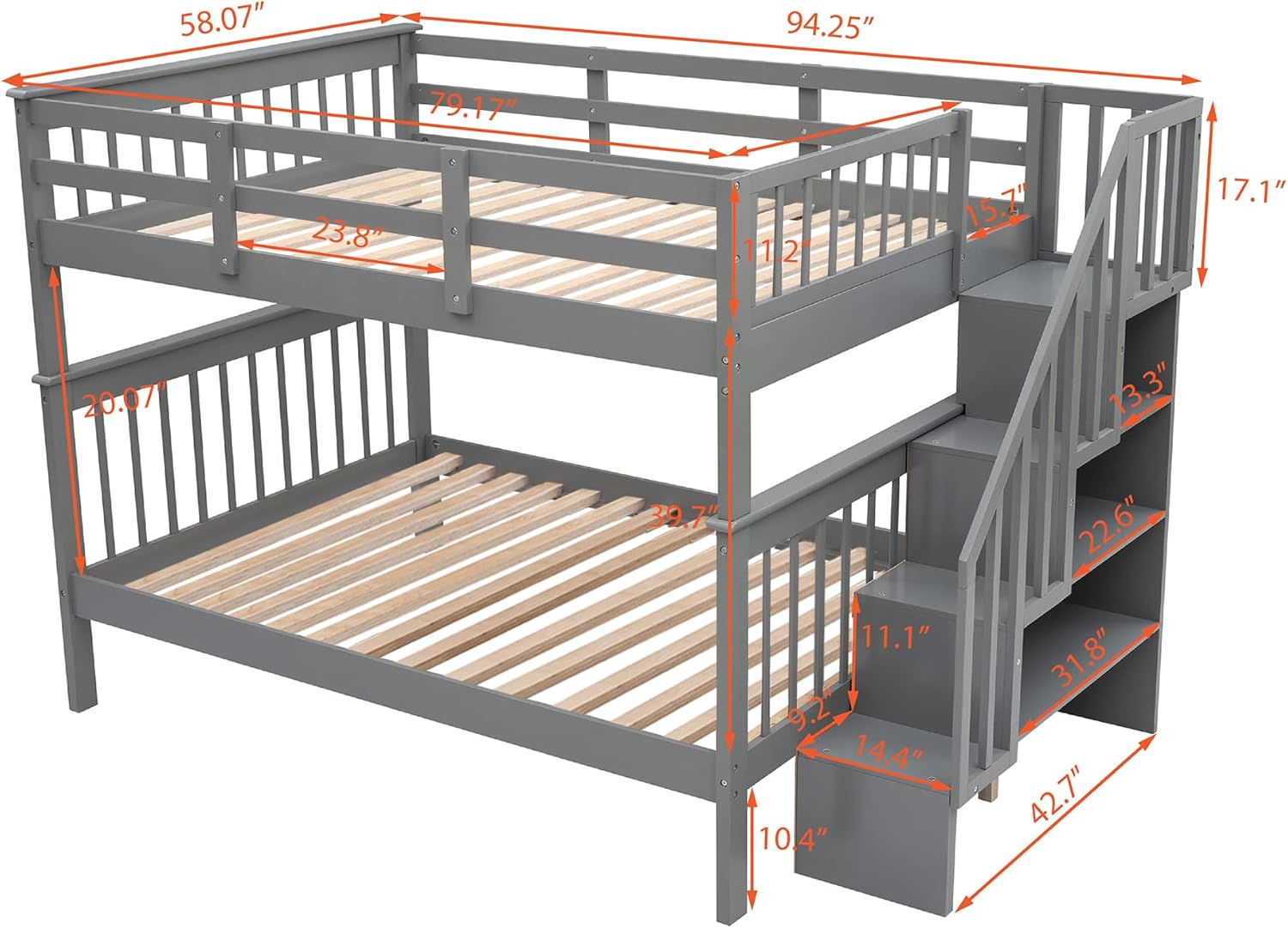 Full Over Full Size Bunk Bed with Stairs Storage, Wooden Bunkbeds with Guard Rails and Staircase, can be Convertible into 2 Low Platform Bedframe, for Kids Teens Adults Bedroom, Gray