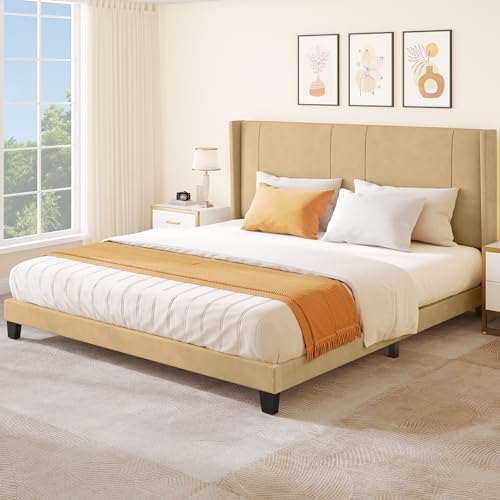 YITAHOME King Size Bed Frame, Platform Bed with Velvet Upholstered Headboard & Wingback Design, Wood Slats Supports, No Box Spring Required, Beige