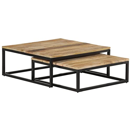 Nesting Coffee Tables 2 pcs Solid Mango Wood,Modern Nesting Mango Wood Coffee Table with Black Metal Base, Set of 2, Industrial Style, 27.6