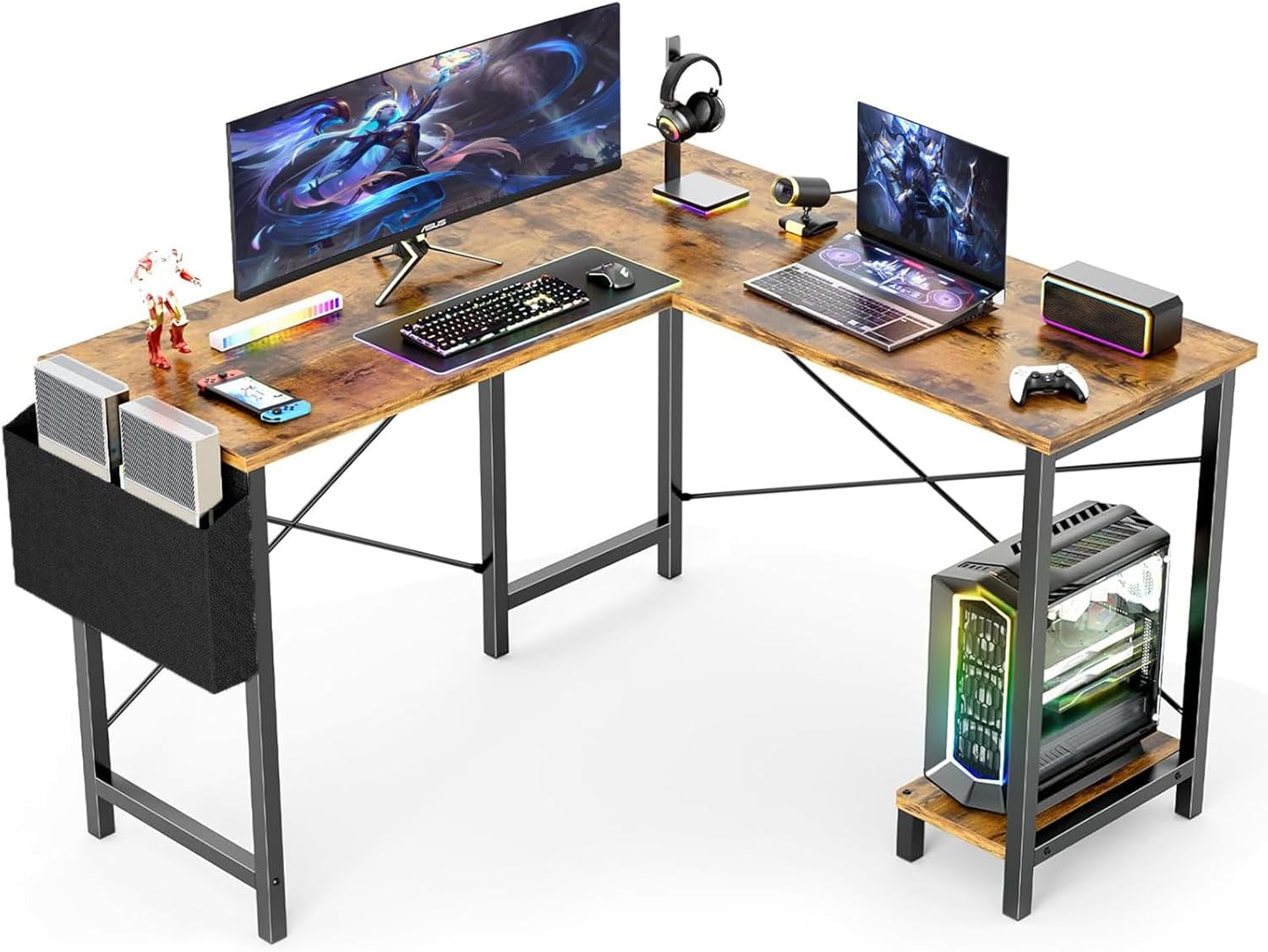 L Shaped Computer Gaming Desk, 50 Inch Corner PC Wooden Table with CPU Stand Side Bag Reversible, Small Space Study Writing Desk for Home Office, Bedroom, Rustic
