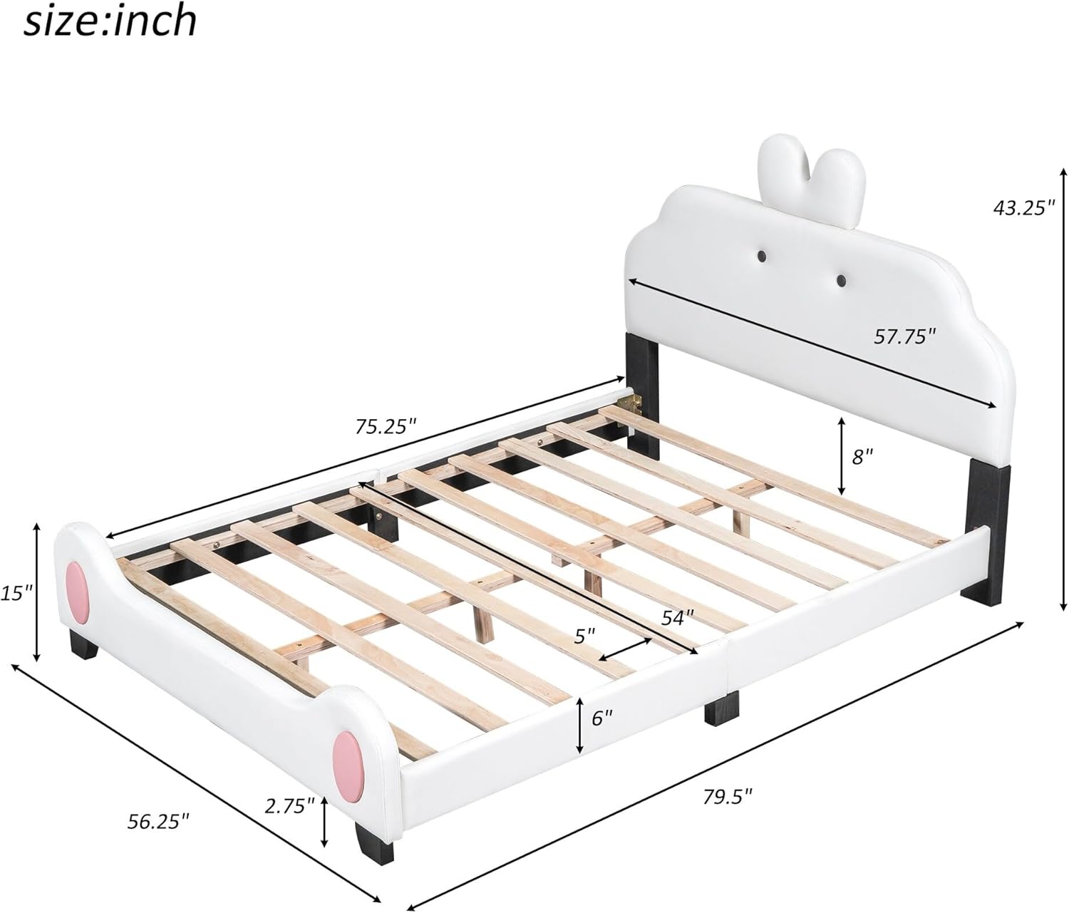 Kids Full Platform Bed with Cartoon Cute Headboard and Footboard Upholstered Size Frame Wooden Slats Support White Modern Contemporary Vintage Girls Space Wood Finish