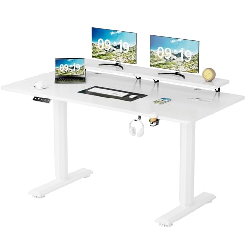 YESHOMY Electric Standing Desk with Monitor Shelf, 47 x 24 Inches Height Adjustable Corner Table, Computer Workstation with Cup Holder and Hook for Home Office, White