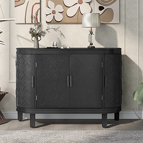 P PURLOVE Retro Style Buffet Sideboard Table Accent Storage Cabinet with Storage Cabinet,Curved Corner Design Console Table with Antique Pattern Doors for Entryway Living Room