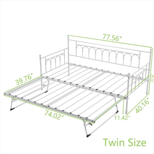 Metal Twin Daybed with Trundle, Stylish Day Bed with Trundle Bed Twin, Versatile Daybeds and Fold-Up Trundle Set for Guest Room, Home Office Twin Trundle Bed Frame,White