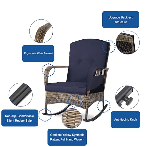 3-Piece Outdoor Furniture Set, Patio Conversation Chair, Wicker Rocking Chair with Side Table for Porch, Garden, Poolside & Deck, Carrot