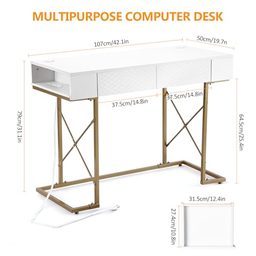 Computer Desk with Drawers, 42 Inch Home Office Desk with Power Outlets, Modern Writing Desk, Vanity Desk with Storage, Walnut & Gold