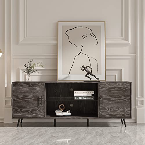 Mid-Century Modern TV Stand for TVs up to 80 Inch TV, Wood Entertainment Center Console Table with 2 Cabinets & Open Shelves TV Cabinet Media Table with 2 Cable Holes, for Living Room, Bedroom