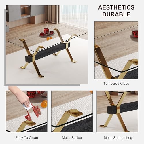 Gold Glass Dining Table Set for 6,Tempered Glass Top Kitchen Table and Faux Leather High Back Upholstered Dining Chairs,7 Piece Dining Table Set for Dinner,Apartment (51.2