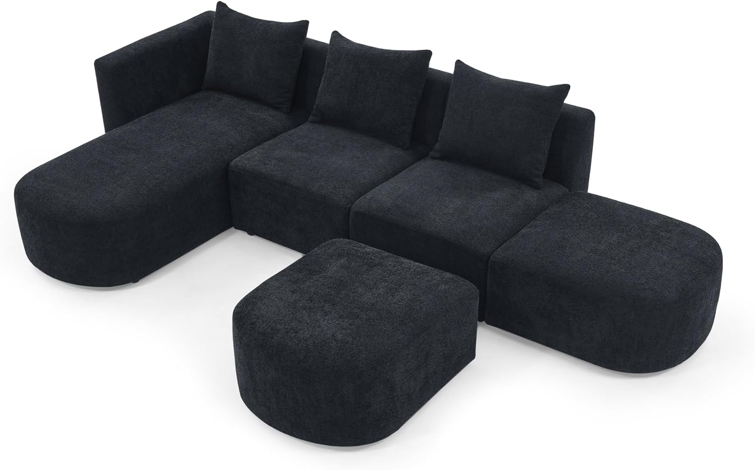 113Inch L-Shape Sectional Modular Sofa with Left Side Chaise Lounges and 2 Single Seats, Loop Yarn Fabric, Upholstered Couch DIY Combination, for Living Room, Apartments, Black