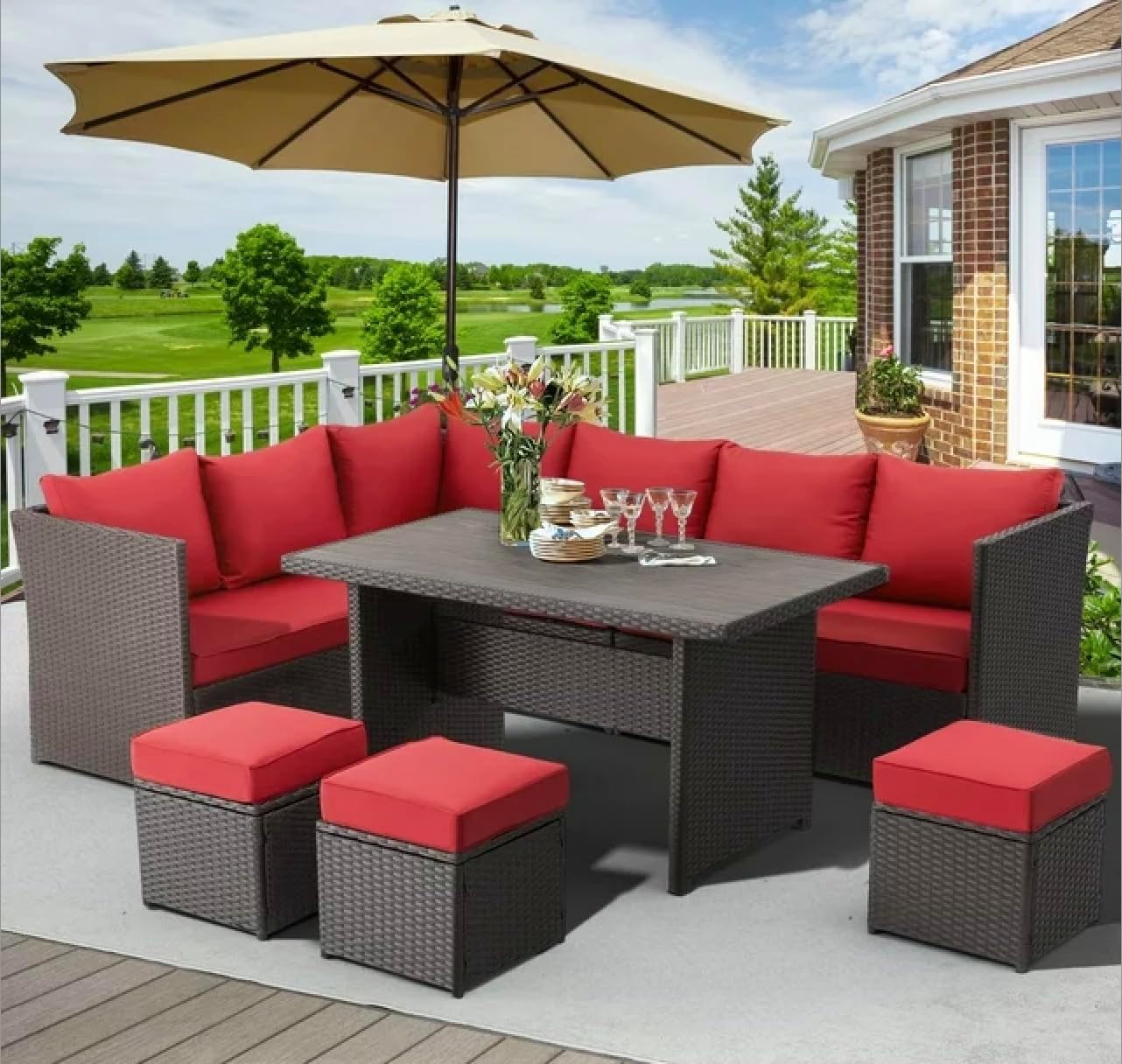 7 Piece Patio Conversation Set, Outdoor Sectional Sofa Rattan Wicker Dining Furniture, Gray (Red), dd1123