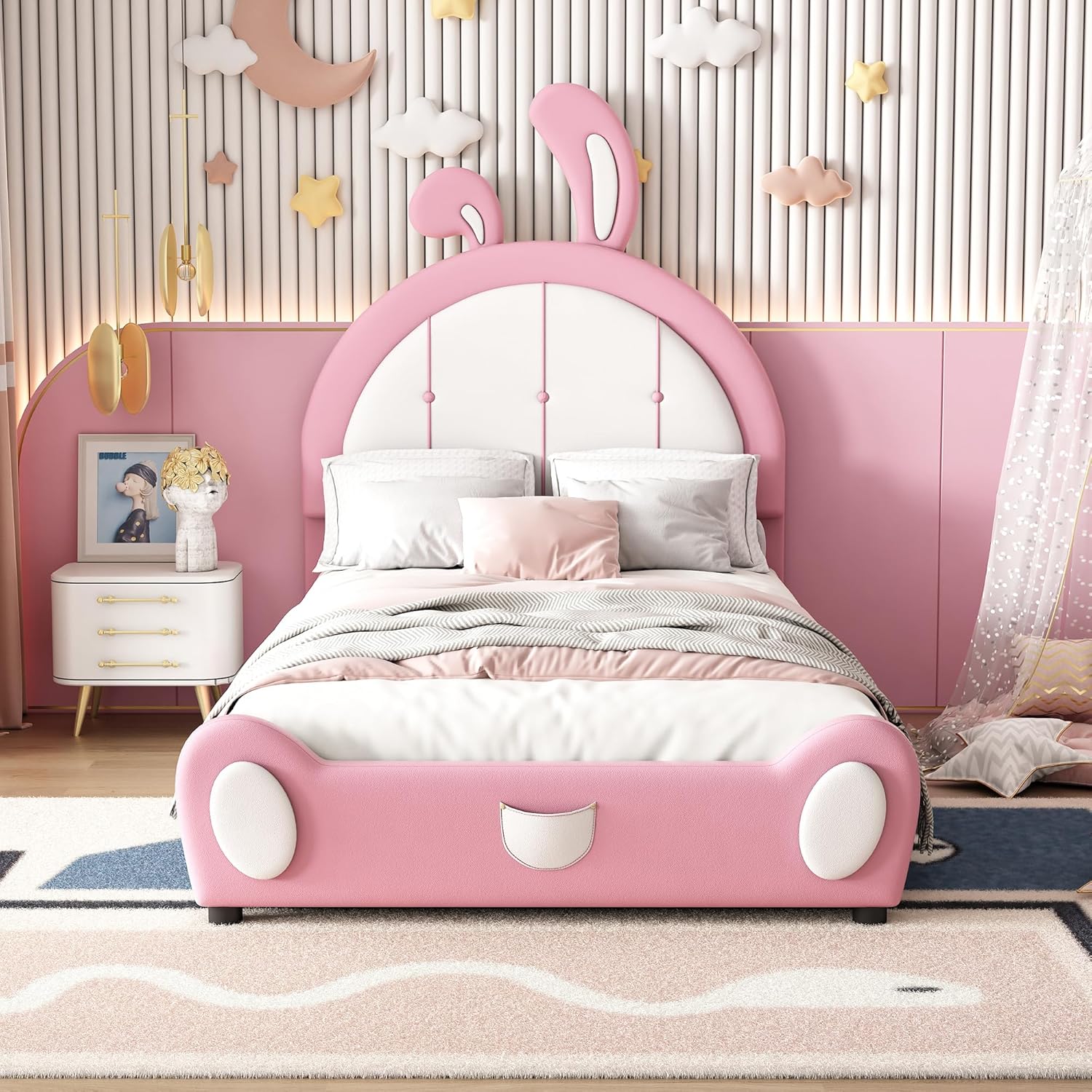 Upholstered Princess, Cute Twin Size PU Platform Bed with Rabbit Shaped Headboard and Wood Slats Support for Kids, Boys and Girls, No Box Spring Needed, Pink