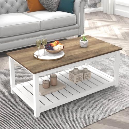 FOLUBAN Farmhouse Coffee Table, Modern Rectangle Center Table with Storage Shelf, Rustic Wood Cocktail Tea Table for Living Room, 40 Inch, White & Walnut