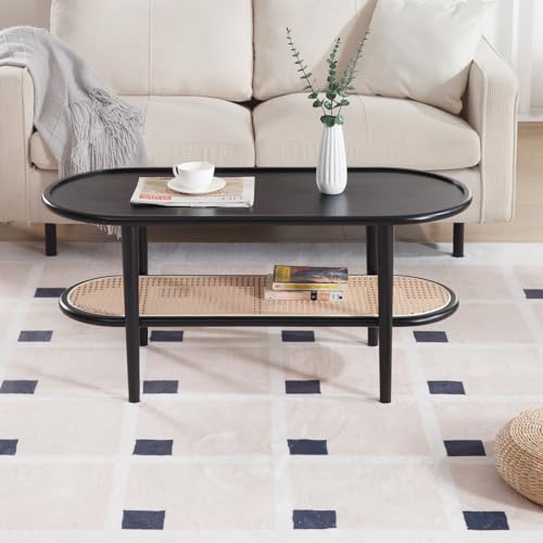 ZSARTS Rattan Coffee Table, 2-Tier Wood Center Table with Open Storage Shelf, Oval Tea/Side/Sofa Table for Living/Meeting Room,Bedroom, Office, Apartment, Small Spaces, Walnut