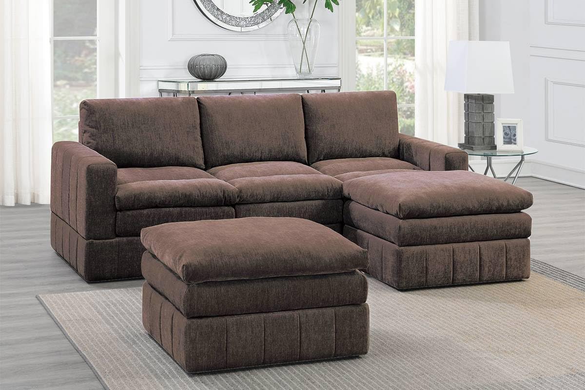 Contemporary 5pc Set Modular Corner Sectional Set 2X One Arm Chair/Wedge 1x Armless Chairs 2X Ottomans Mink Morgan Fabric Plush Living Room Furniture