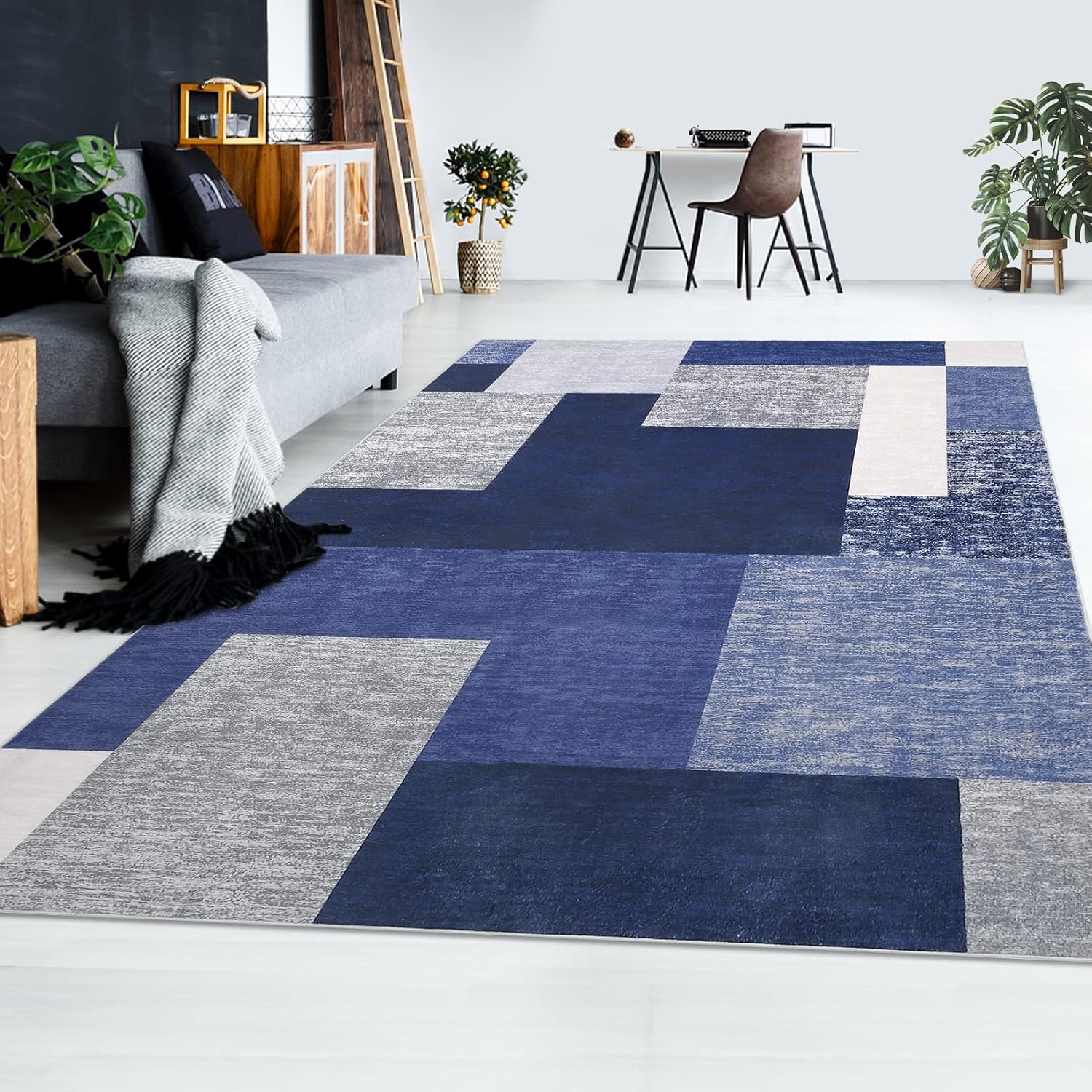 Large Modern Machine Washable Area Rug Low-Pile Non-Slip Stain Resistant Area Rug Contemporary Rug for Living Room, 8' x 10' Blue