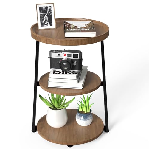 Round End Table with 3-Tier Shelves, Rustic Brown Wood Texture Side Table, Small Desk Coffee Table for Living Room Bedroom
