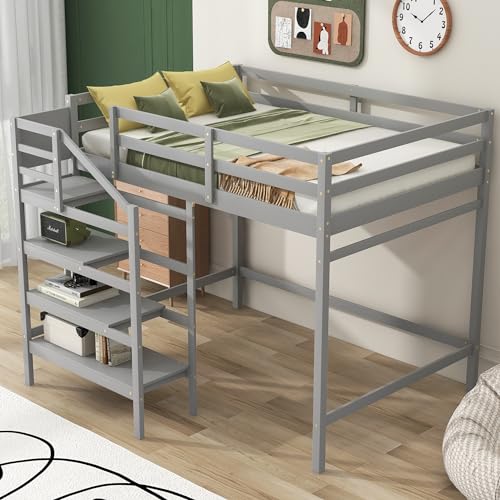 Full Size Loft Bed with Storage Staircase and Hanger,Wooden Loft Bed Frame with Storage Shelves and Safety Guardrail for Kids Teens Adults,Bedroom(White)