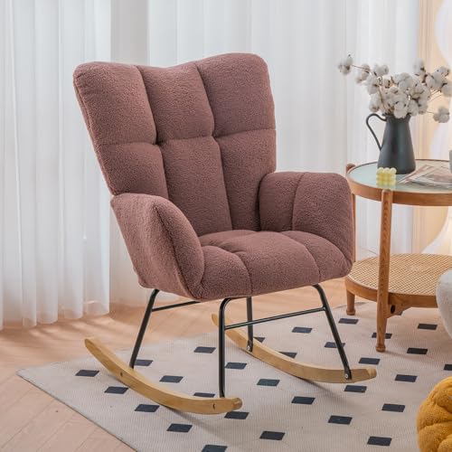 Nursery Rocking Chair, Upholstered Teddy Fabric Glider Rocker with High Backrest, Comfy Accent Chair with Dual-Sided Magazine Pockets for Living Room, Bedroom, Baby Nursing and Reading (Pink)