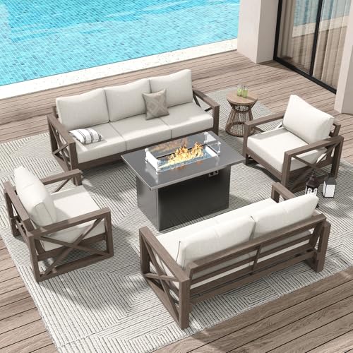 Amopatio Aluminum Patio Furniture Set, 6 Pieces Modern Metal Outdoor Furniture, Faux Wood Grain Finish Frame Patio Sofa Sets with 6.5