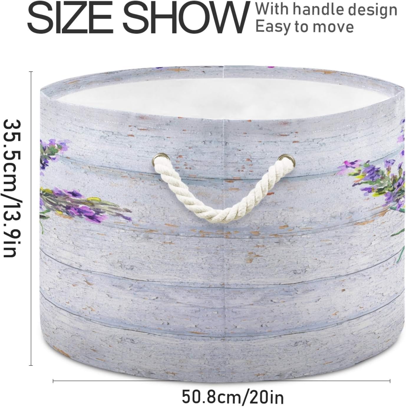 ALAZA Large Storage Basket for Toys Vintage Provencal Lavender Flowers Wooden Round Blanket Basket Baby Laundry Hamper Canvas Organizer Bin Box Cotton Rope Collapsible Bucket Pillow Home Decor