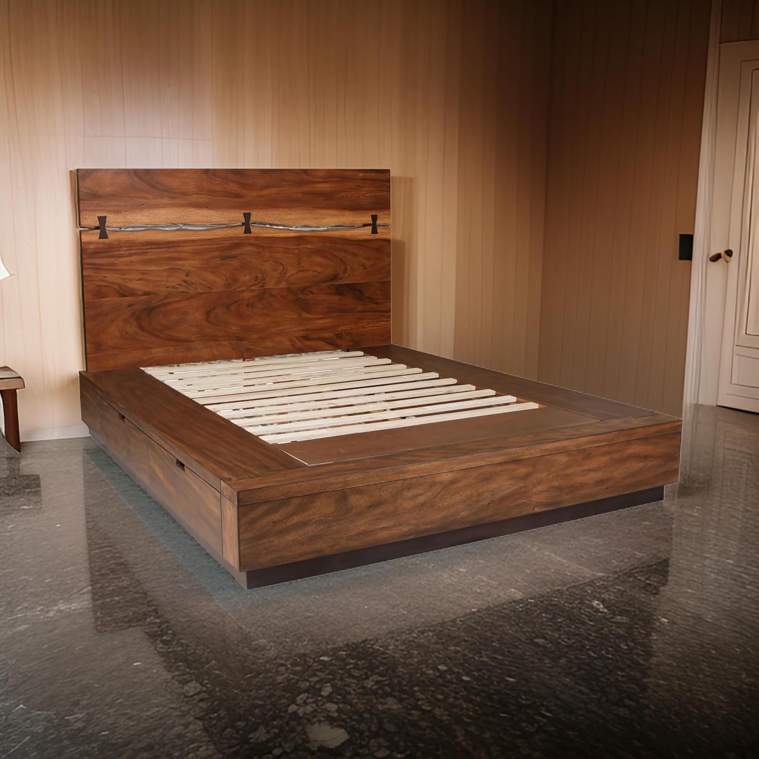 Benjara Zeko King Size Storage Bed, Live Edge Panel Headboard, Walnut Wood, Brown and Black