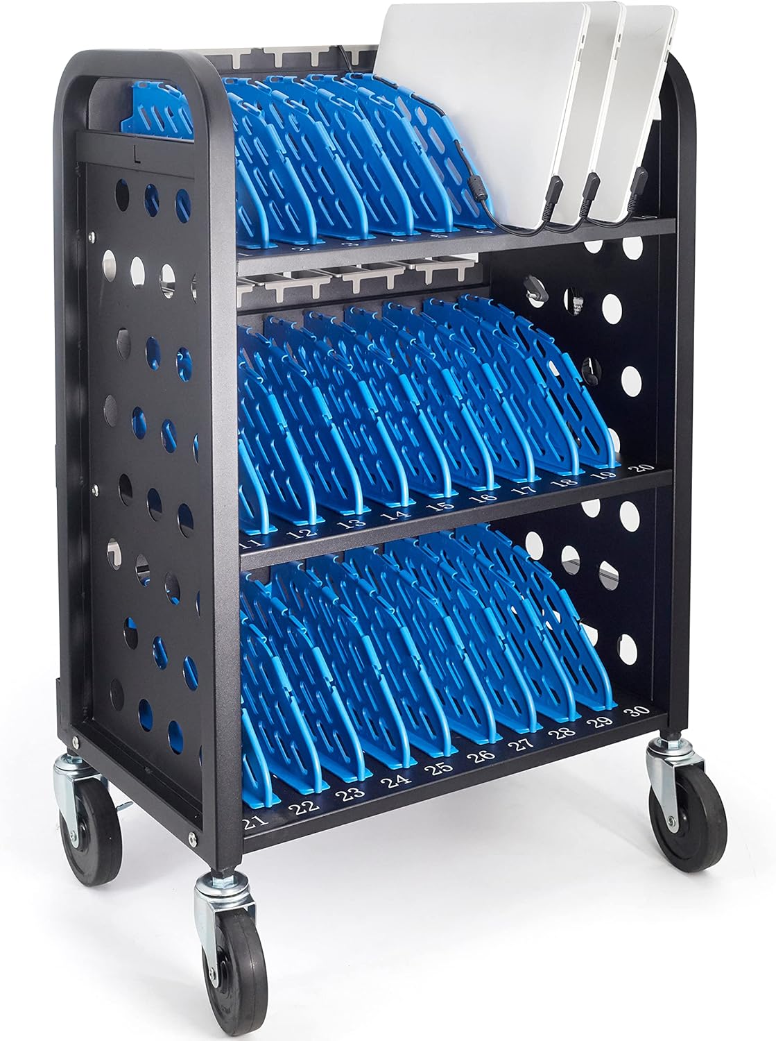 30-Unit Mobile Charging Cart - Open Charging Station Rack for 14-inch Chromebooks and Tablets -  Tablet Organizer Station with Cable Management and Charger Organization(Black)