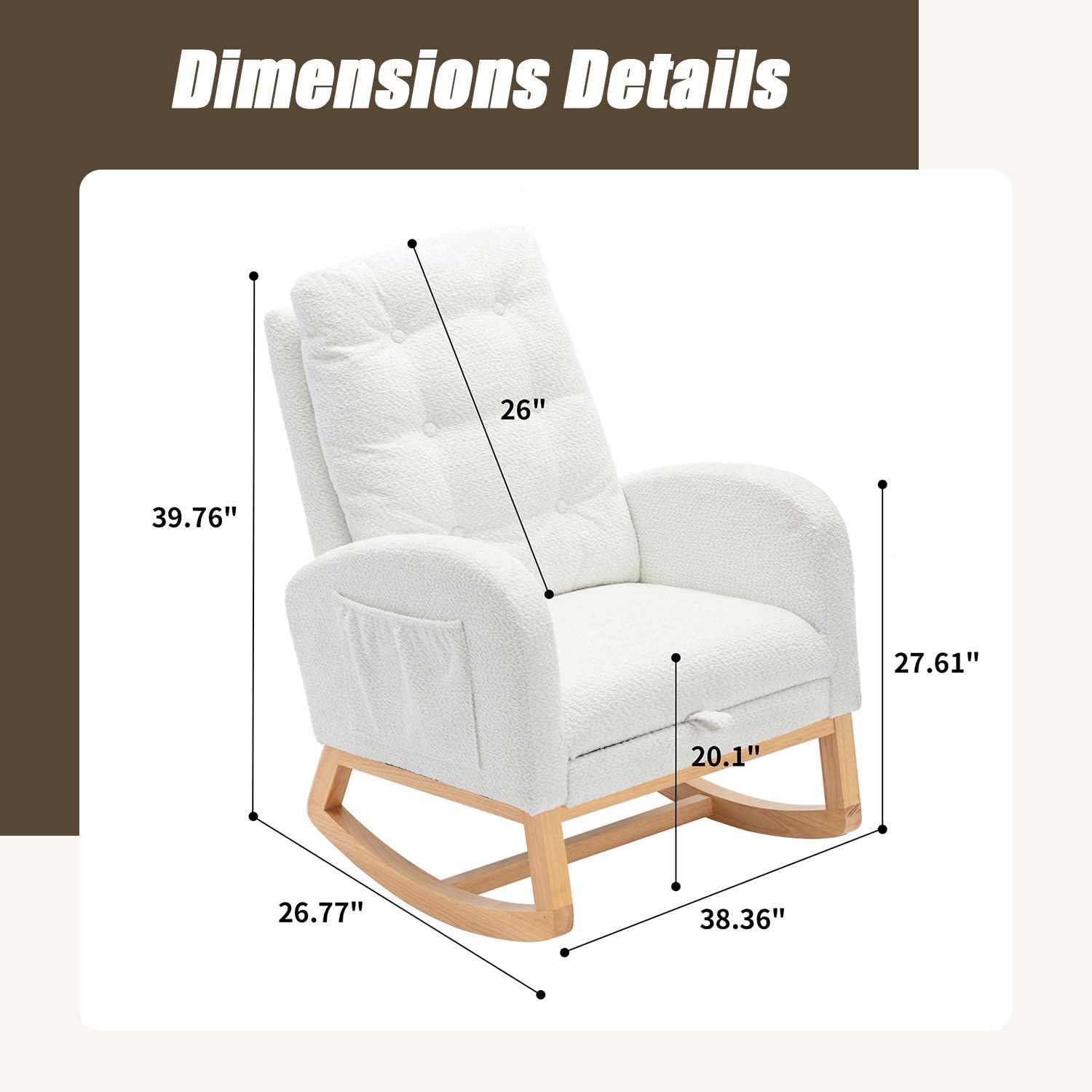 Modern Upholstered Accent Rocking Chair with Footrest, High Back Rubber Wood Lounge Chair with Side Pocket, Versatile Single Sofa Rocking Chair for Living Room Bedroom