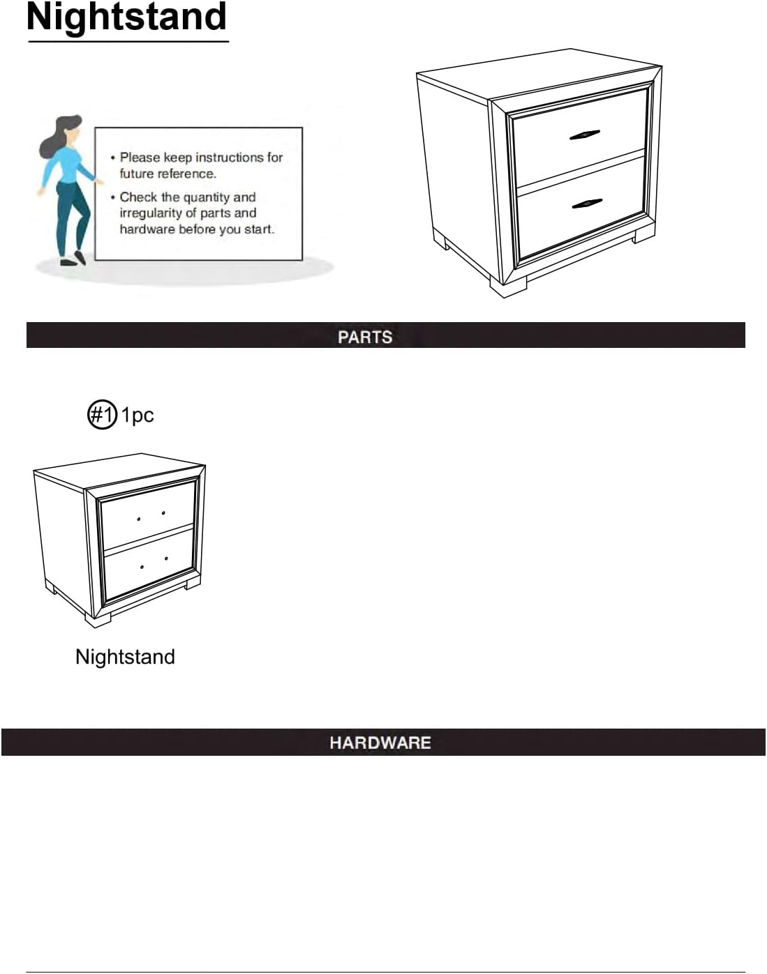 Metallic Gray Color Nightstand Bedroom 1pc Nightstand Solid wood Acrylic Hardware 2-Drawers bedside Table