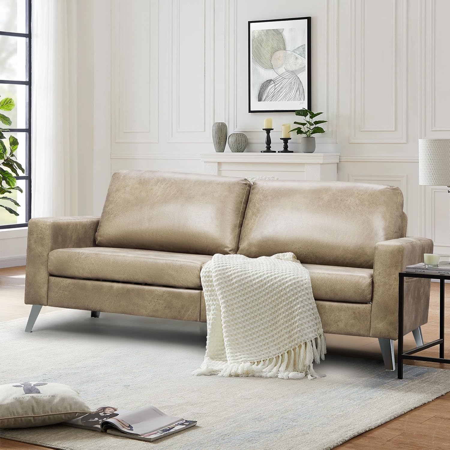 Esright Faux Leather Sofa Couch, Beige Leather Couch 79
